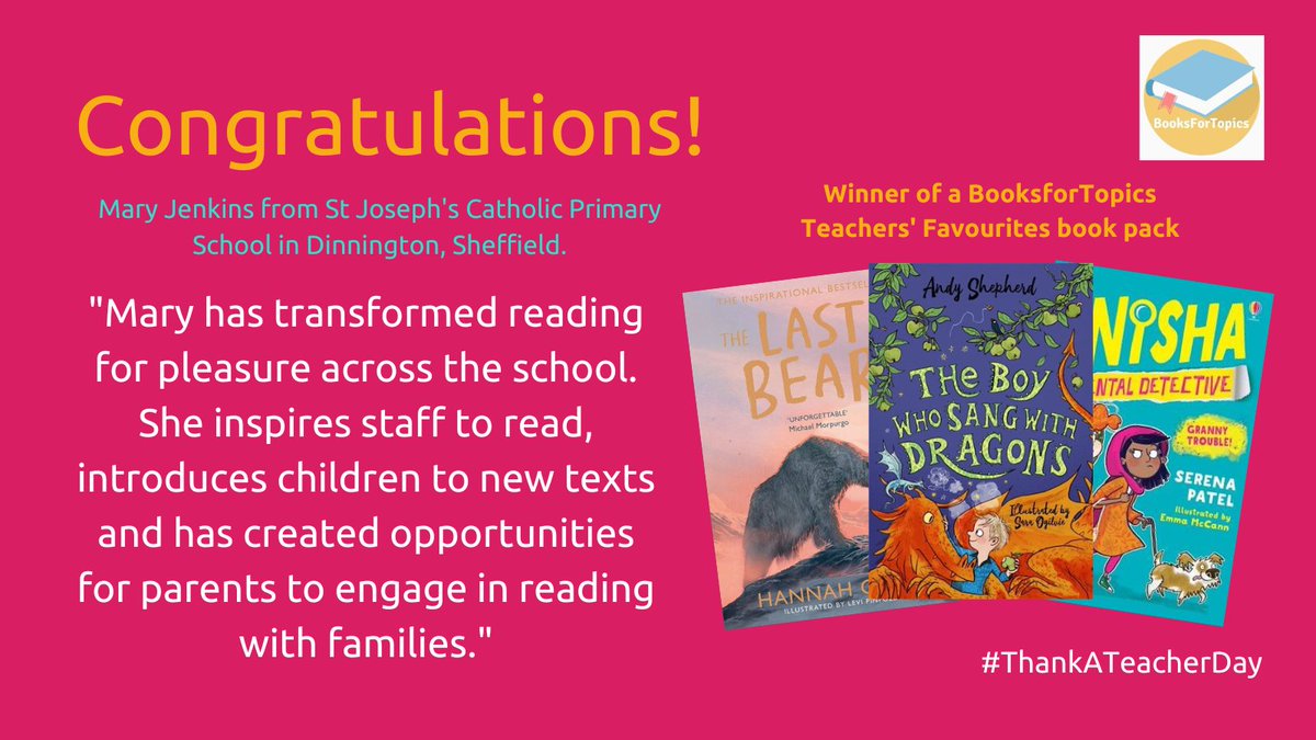 Petersbooks's tweet photo. It was so difficult to choose from all of the amazing entries for our #ThankATeacherDay competition, but the winner is Mary Jenkins from @stjdinnington, who was nominated by her colleague Laura. 

Thank you to @booksfortopics for putting together the Teachers' Favourites pack. https://t.co/9swlZqKqC2