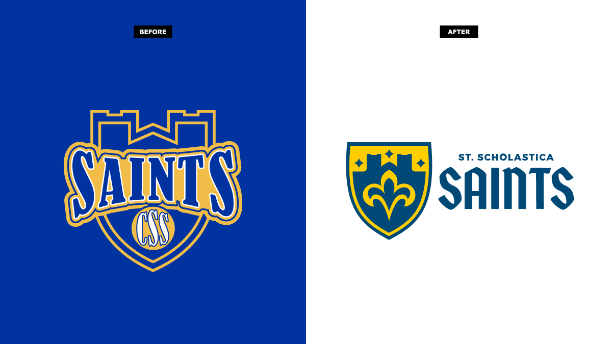 college_logos's tweet image. New brand for The College of St. Scholastica Saints of Duluth, Minnesota. The new shield features Tower Hall and the fleur-de-lis from their crest. The changes occur in time for the athletics&apos; 50th anniversary &amp;amp; after joining D3&apos;s MIAC. #CSSSaints #newlogo csssaints.com/news/2022/6/9/…