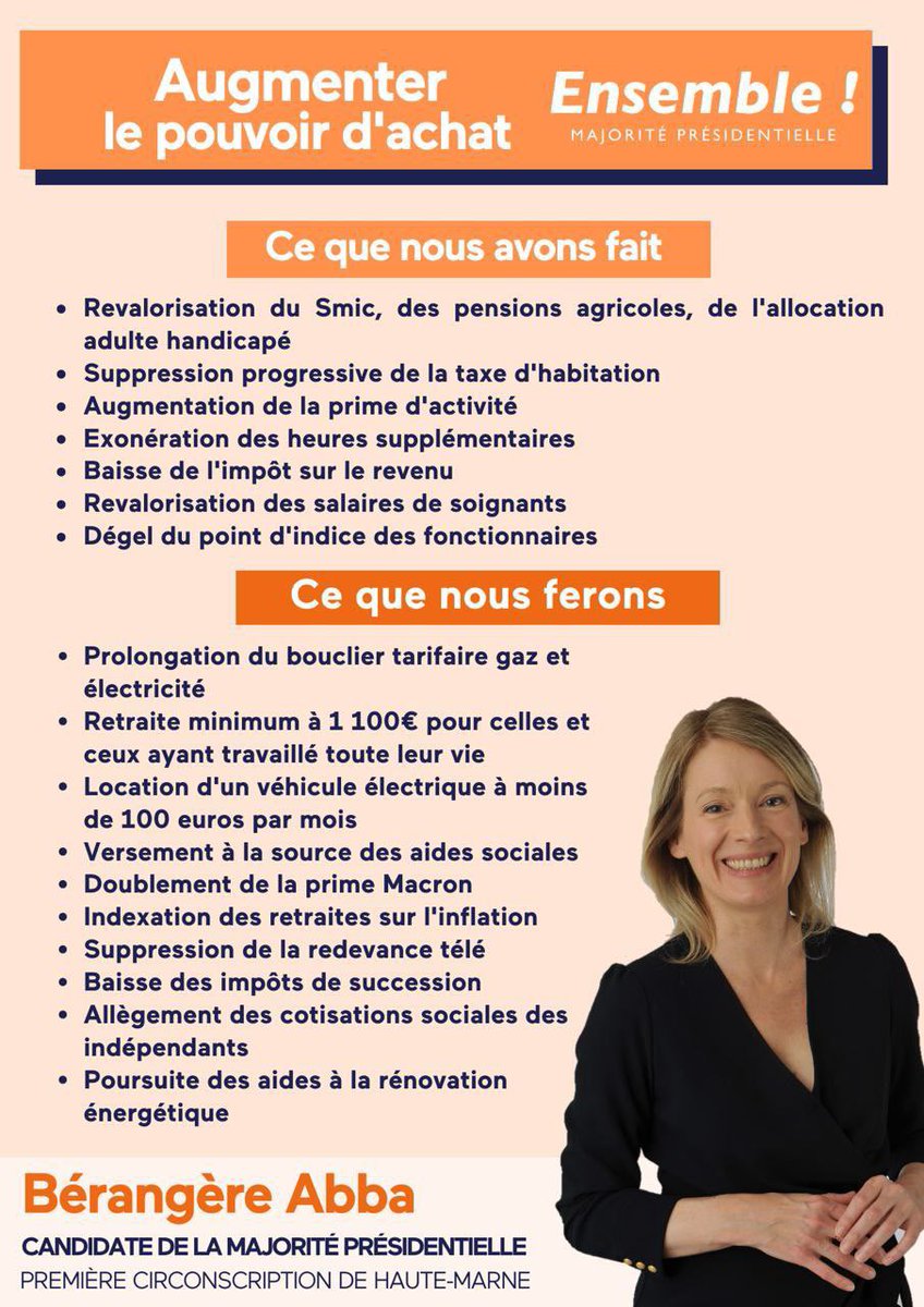 b_abba's tweet photo. 📣 Priorité du quinquennat avec l’examen dès juillet d’un projet de loi dédié, le Pouvoir d’achat est au cœur de notre action.
Les 12 et 19 juin, votez! #Ensemble #MajoritePresidentielle #legislatives https://t.co/27iPckCTjQ