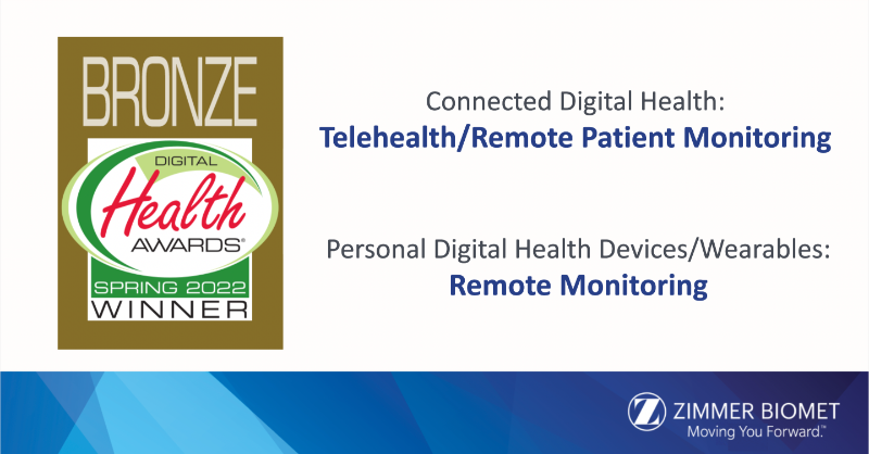 zimmerbiomet's tweet photo. We are proud to be recognized by @DHealthAwards for our digital care management platform and our first-to-world smart implant. These recognitions are a testament to our commitment to developing seamlessly connected technologies with the goal of improving outcomes. #Spring2022DHA