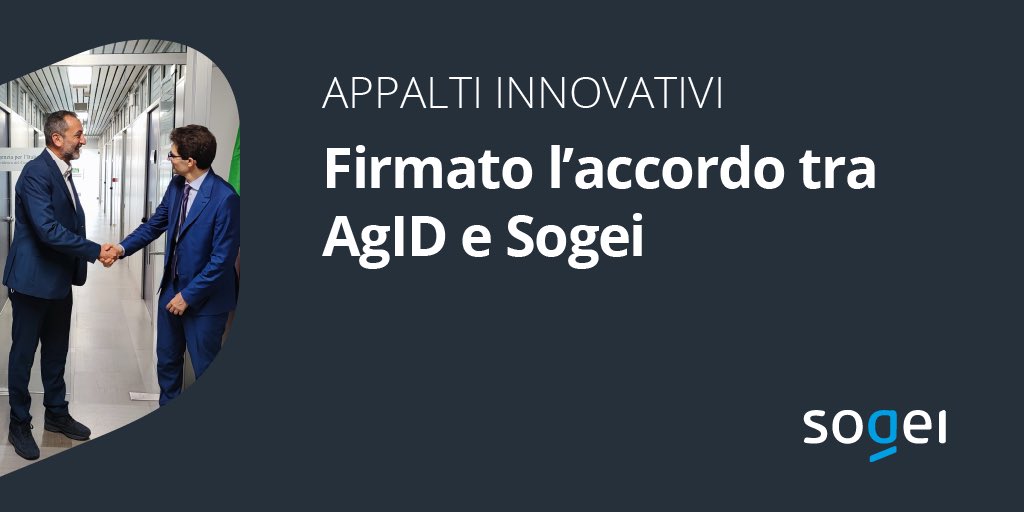 Appalti innovativi: al via la collaborazione con AgID

🤝 Il Direttore Generale di <a href="/AgidGov/">AGID</a>, Francesco Paorici e l’AD di <a href="/Sogei_SpA/">Sogei</a>, Andrea Quacivi hanno siglato un accordo per la definizione e lo sviluppo di servizi e prodotti innovativi. Leggi la news👇 
bit.ly/3tp1ok7