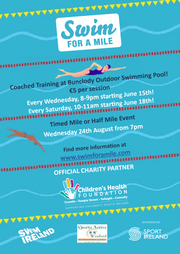 SportActiveWex's tweet photo. Swim for a Mile coached training at Bunclody outdoor pool will commence on Wed 15th June, &amp; will be held every Wed &amp; Sat @ €5 per session.   Timed mile or half mile will be held on Wed 24th June.

Register at: https://t.co/qQAHU9U7Jl
See: https://t.co/9s6KsMQCpF

#Swimforamile https://t.co/QphXs496ZW