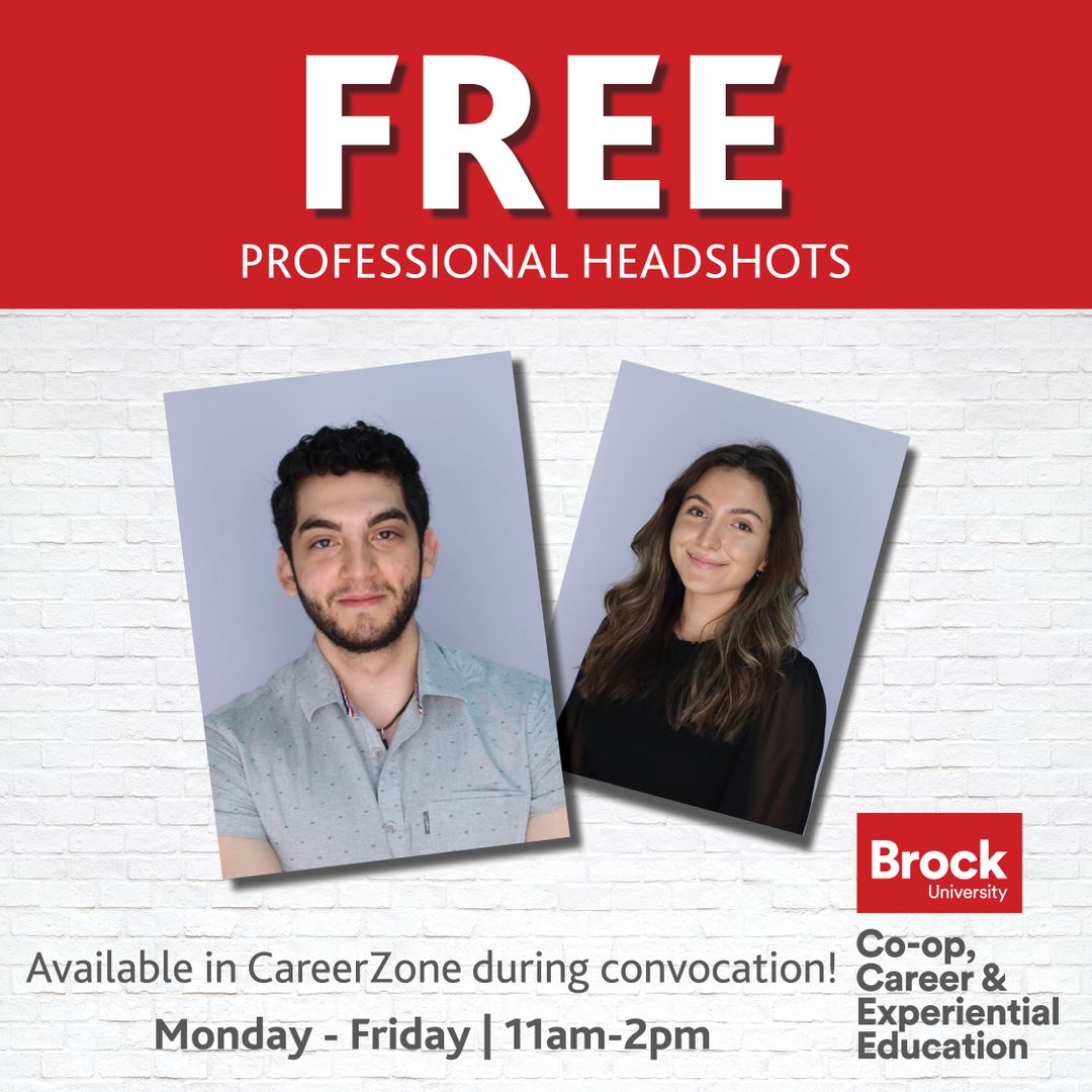 Free Professional Headshots!  📸
Visit CareerZone in Market Hall during convocation Monday - Friday, 11am-2pm. For more information visit our website brocku.ca/ccee/photoboot… and read the Brock News Story brocku.ca/brock-news/202… <a href="/BrockUniversity/">Brock University</a>