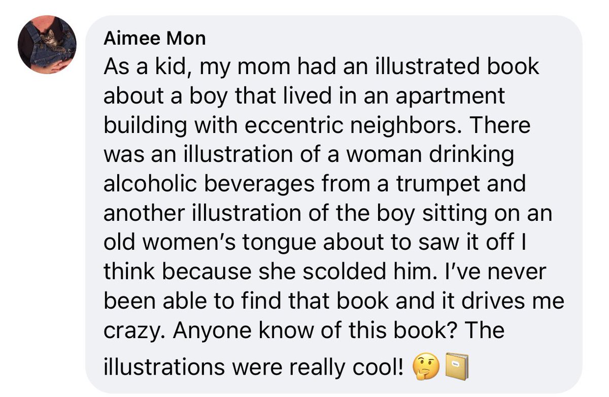 AimeeMon's tweet photo. @burstofbeaden I have been searching for this illustrated book about a boy’s weird and eccentric neighbors for around 20 years! 🤦🏻‍♀️🤪📔 https://t.co/IoSXnF5KPk