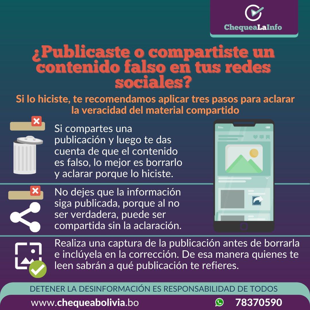 luisfelipearce's tweet image. Revisa el contenido que compartes,⚠️la desinformación circula en muchos formatos, chequea todo lo que te llega.
#ChequeaLaInfo #ChequeaBolivia @ChequeaBolivia