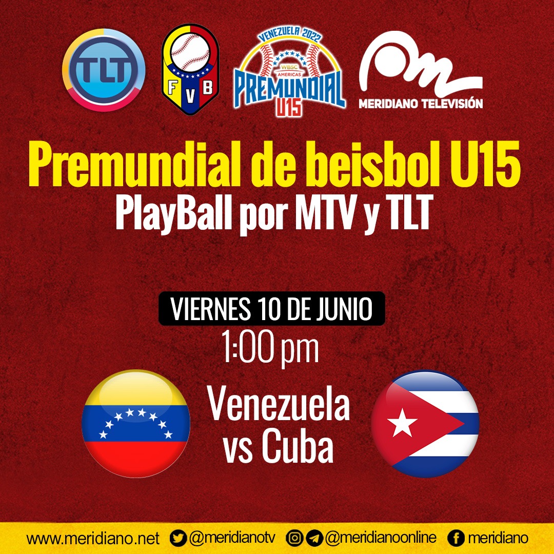 2001OnLine's tweet photo. Venezuela consiguió el pase al mundial y hoy disputará la semifinal
Sintoniza esta tarde el enfrentamiento de nuestra sub 15
Venezuela vs Cuba ⚾
¡Por el canal de los especialistas en deporte, #MeridianoTV!
#venezuela #premundialsub15 #beisbol #somosbloquedearmas https://t.co/ff4Q2wCGI9