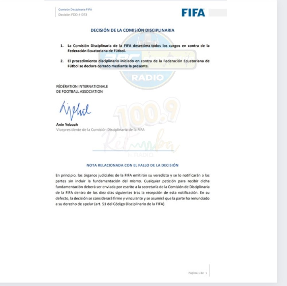 CarlosAndresMN's tweet photo. FALLO FORMAL
DOCUMENTO OFICIAL 

Comisión Disciplinaria de #FIFA desestima TODOS LOS CARGOS en contra de la Federación Ecuatoriana de Fútbol y al futbolista #ByronCastillo https://t.co/WwLG4u7ZPm