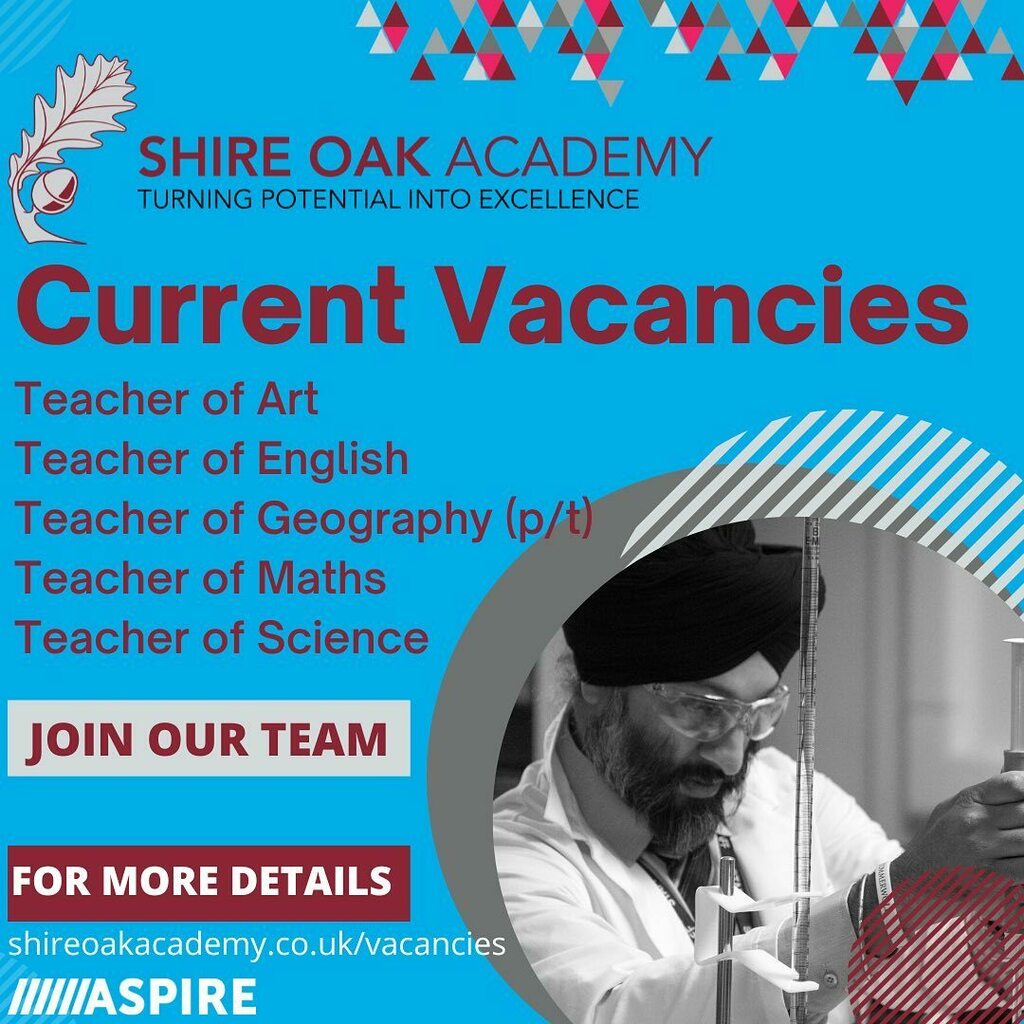 ShireOakAcademy's tweet photo. We have some more fantastic opportunities to join the team at Shire Oak Academy and help shape our future. 
Applications can be made via our Tes page https://t.co/Az0eANmeta 
#TurningPotentialintoExcellence #ASPIRE #joinourteam https://t.co/cmrLlxc64k https://t.co/vd8fJOP9SA