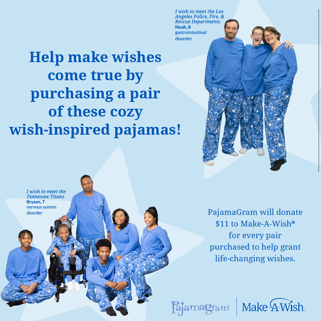 Get cozy and join our friends at <a href="/PajamaGram/">PajamaGram</a> to help make wishes come true for local wish kids. For every pair of custom Make-A-Wish pajamas sold at ow.ly/fFML50JuAMc now - October 31, 2022, PajamaGram will donate $11 to Make-A-Wish, minimum $50,000.