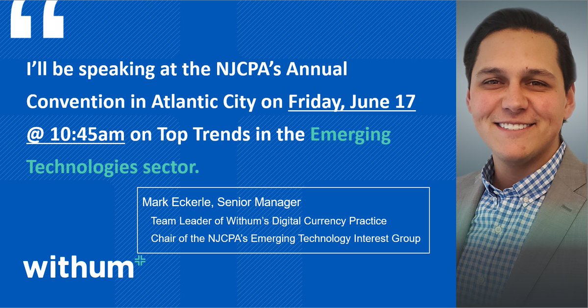 I'll be in attendance all week at the New Jersey Society of CPAs Annual Convention next week from 6/14 - 6/17. Also, be sure to check out my panel on Jun 17th @ 10:45am on the current trends in the Emerging Technologies Space including #crypto #rpa #dataanalytics and more.