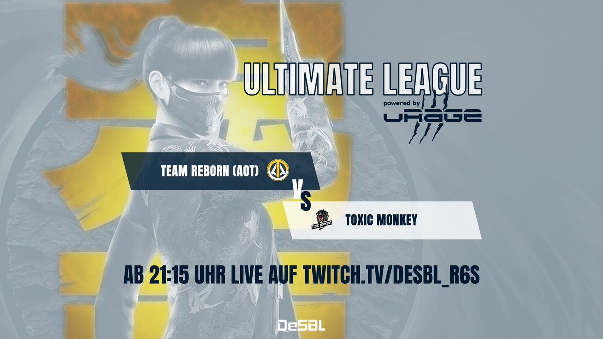 DeSBLR6's tweet photo. ❗️ Matchday ❗

Am späten Abend geht's in das Match...

🥊 @armyoftemper 🆚 @R6SToxicMonkey
🎙️ @Whisky_R6 &amp; @KoroSenseinot
▶️ ab 21:15 -> https://t.co/1iWN3nWUOj
🤝 @urage_gaming

#UltimateLeague #DeSBL #R6S 
#PCGaming #eSport https://t.co/VJozQCTi20