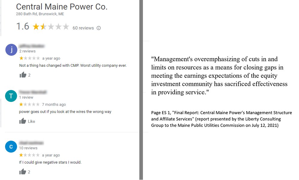 PineTreePower_'s tweet image. Google review for @cmpco are simply brutal.

No surprise: corporate owner @avangrid cuts corners at every opportunity to meet &quot;earnings expectations&quot; of shareholders.

Their focus is 💰 not service.

Wrong business model for our grid.

#MEPolitics #ReplaceCMP