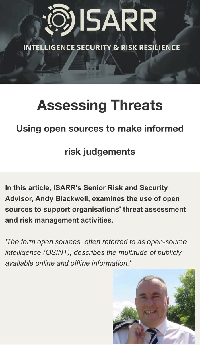 assocsecurity's tweet photo. Article by ASC member Andy Blackwell for @ISARRUK Blog. ‘Assessing Threats: Using open sources to make informed risk judgements’. Download a copy via https://t.co/80jq4apd6o #ISARR #intelligence #security #risk #resilience https://t.co/orkiCrIscO