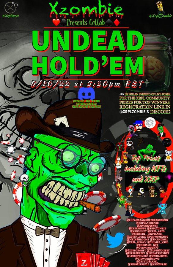 FREE Poker tonight at 5:30pm est in <a href="/xrplzombie/">XZombie & GRUMPYZ</a> discord using link below.
🏆🏆🏆🏆🏆5 #nfts (airspins on Xmart #wenxls20 ready!) &amp; 300 #XRP in prizes from xZombie &amp; multiple #xrp prize pool added from all the projects in the community. This is gonna be a big one💥🤯