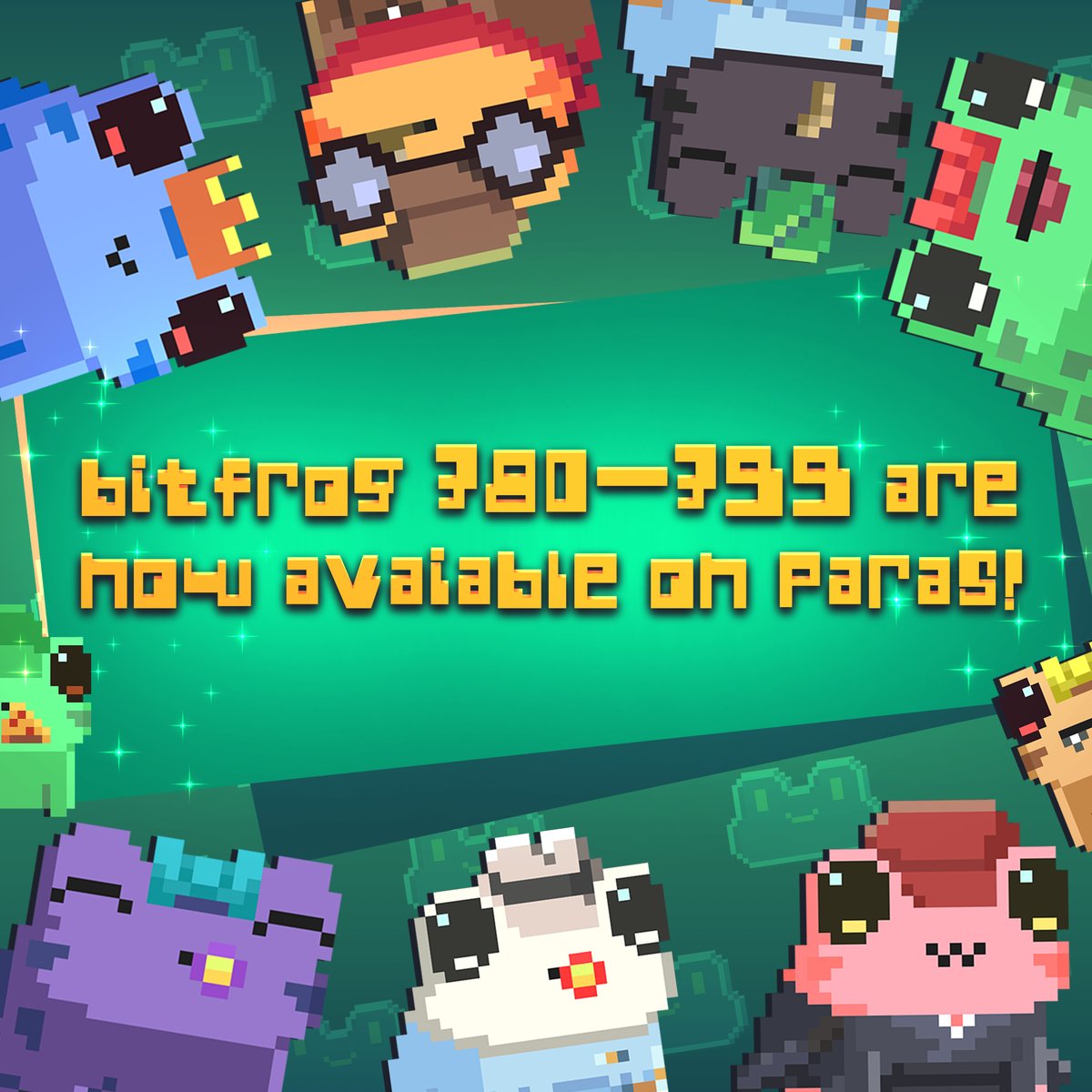 Bitfrogz's tweet photo. 20 NEW Bitfrogz (#380-#399) are available on Paras!  Hop on and get them here: 🐸💫☄️🪐✨https://t.co/3LuBugMMDo

#bitfrogz #bitfrog #PARASnft #nearNFTs #NEARProtocol $NEAR $PARAS #cryptoart #crypto #nft #nftart #NFTdrop #NFTartist #PixelNFT #pixelart https://t.co/wdXzjOKA74