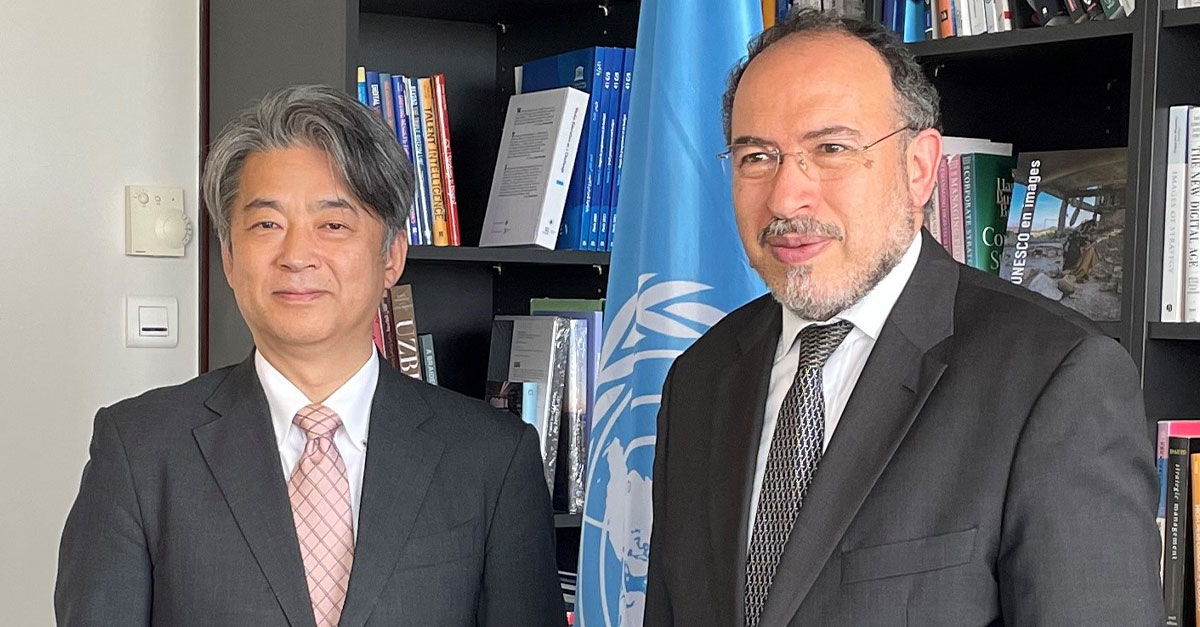 TawfikJelassi's tweet photo. Pleased to meet with H.E.@KenkoSone, Assistant Minister and Director-General for Cultural Affairs, Ministry of Foreign Affairs of #Japan, to discuss continued cooperation with #UNESCO on issues around #MemoryOfTheWorld, #FreedomOfExpression, misinformation & #InternetPlatforms. https://t.co/eYGSTYWzjE
