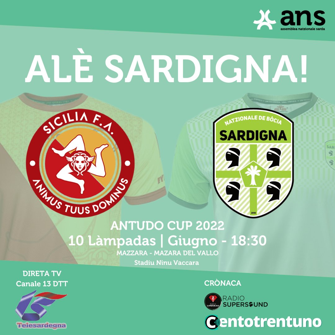 ⚽ Ritorna dopo due anni la Natzionale Sarda, la nostra Nazionale!
Alle 18:30, la #Sardegna scende in campo per la Antudo Cup contro la #Sicilia.

📺: <a href="/Telesardegna/">Telesardegna</a> (Ch.13 DTT)
Pagine FB <a href="/SiciliaFootball/">Sicilia Football Association</a> e <a href="/FinsSardigna/">FINS</a>

🎙️: Radio Super Sound e <a href="/CentotrentunoC/">Centotrentuno</a>

Alè Sardigna! 🇬🇪🌿