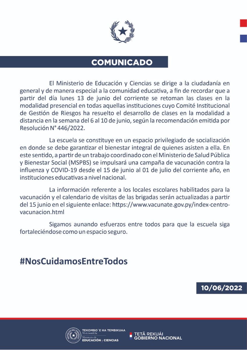 ⚠️ COMUNICADO #MEC

👉🏻 Referente a clases presenciales .
🔗 mec.gov.py/cms/?ref=300965