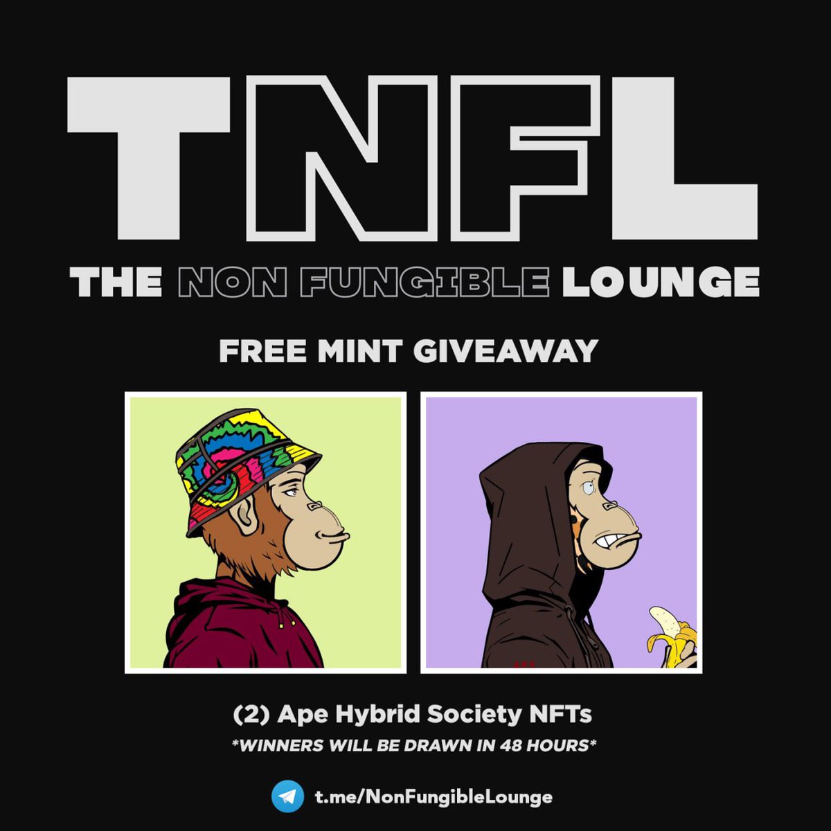 theNFLounge's tweet photo. Happy Friday folks! Ape Hybrid Society and #TNFL are giving away 2 NFTs in celebration of their Launch.

Rules:

• follow @TheNFLounge &amp; @apehybrids
• like/tag 2 friends/RT 
• Join the telegrams:
https://t.co/SysSXnjjQ3
https://t.co/An7WVFoQG2

Ends in 48hrs

#NFA #DYOR #NFTs https://t.co/tCAVZKLIZg