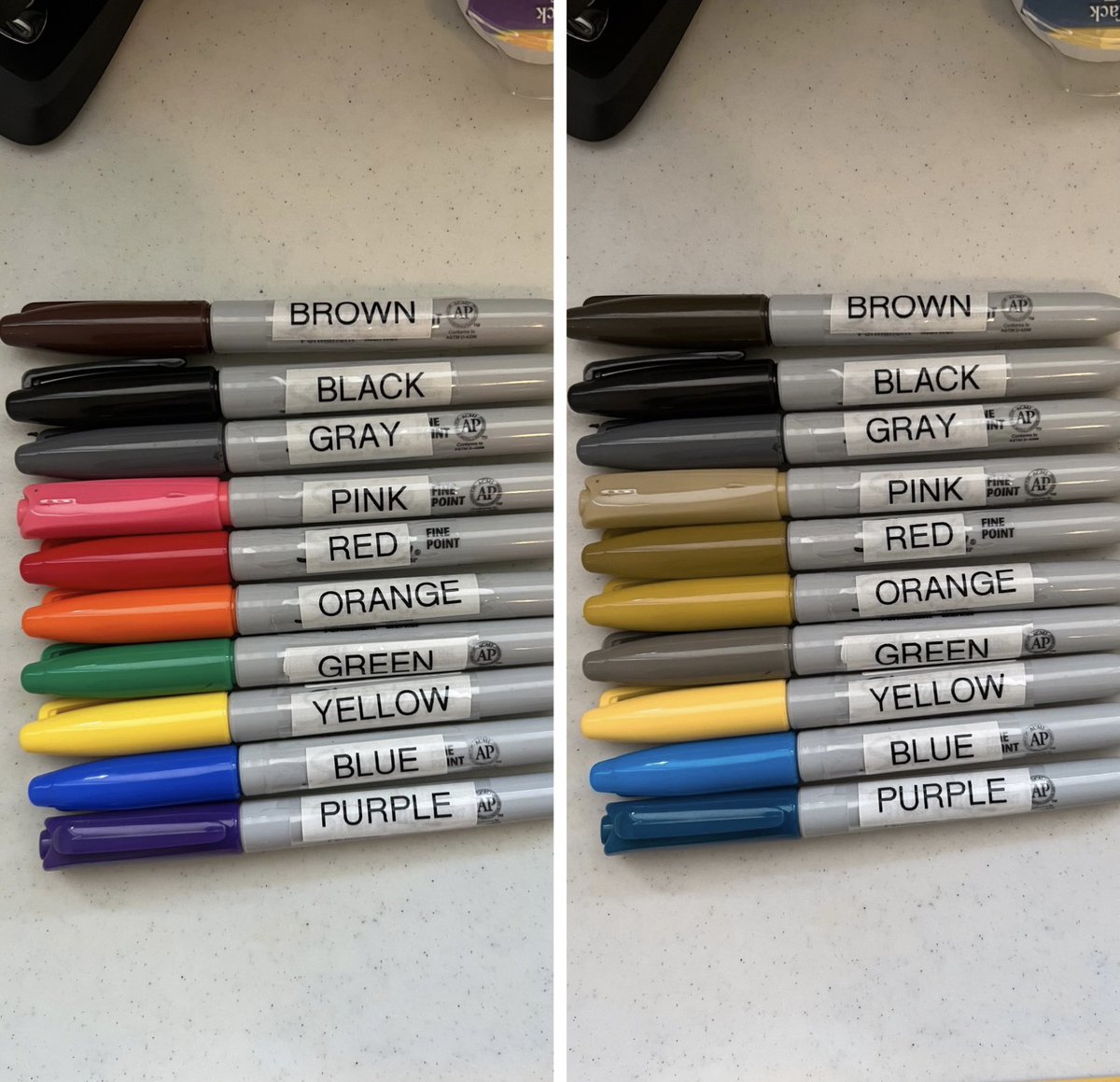 EyeSeeColorProj's tweet photo. Here is an example of why it’s so important for teachers and parents to make sure all craft items are labeled. 

Would you be able to correctly select each color on the right side, without the labels? 

Left side: Standard Color Vision
Right side: Color Vision Deficient https://t.co/3W0yKJ7DZy