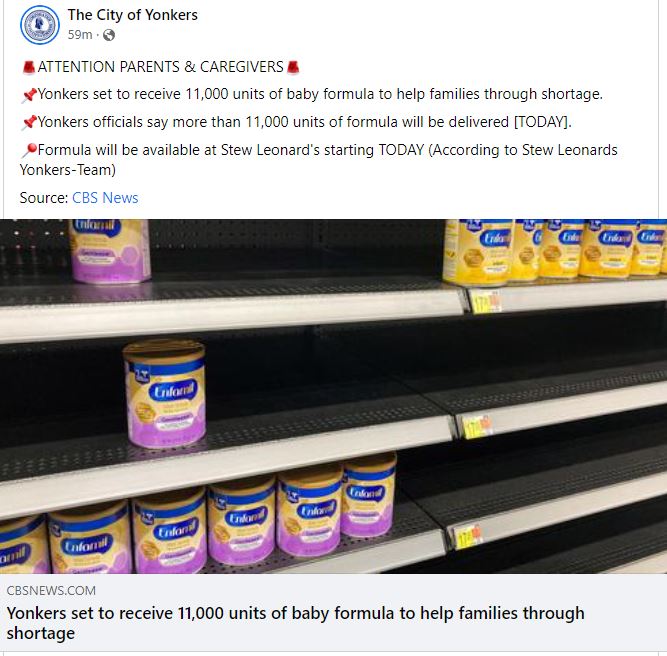 CityofYonkers's tweet photo. 🚨ATTENTION PARENTS &amp; CAREGIVERS🚨
📌Yonkers set to receive 11,000 units of baby formula to help families through shortage.
📌Yonkers officials say more than 11,000 units of formula will be delivered [TODAY]. 

📍Formula will be available at Stew Leonard's starting TODAY! https://t.co/uw0OzQYFzd