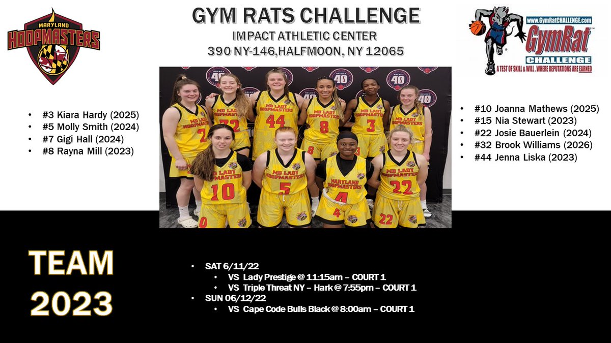 MDHoopmastersLC's tweet photo. Coaches stop by and watch us play at the Gym Rats Challenge this weekend. @LiskaJenna @kiarahardy11 @_raynamiller_ @molsmitty05 @Josie76886035 @LaTonyaHardy18 @MDHoopmasters https://t.co/umvySv5zOY