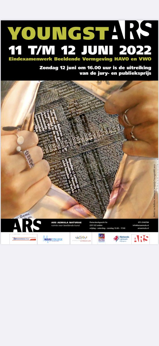 Dit weekend is in <a href="/ARSAemula/">ARS Aemula Naturae</a> #Leiden weer de jaarlijkse expositie YoungstARS te zien met geslaagd eindexamenwerk van Leidse VO-leerlingen. Za &amp; Zo-middag van 13-17. <a href="/OntdekLeiden/">Leiden, Stad van Ontdekkingen</a> <a href="/leiden2022/">Leiden2022</a>