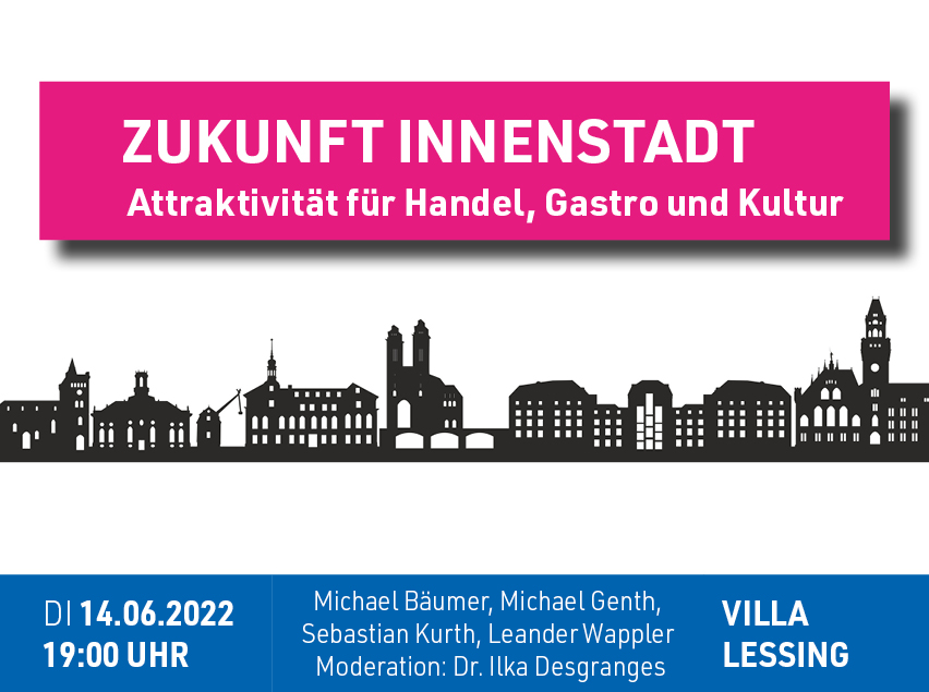 Dienstag, 14.06.2022 // 19:00 Uhr // @VillaLessing Zukunft Innenstadt // Attraktivität für Handel, Gastro und Kultur Diskutieren Sie mit: Michael Bäumer, Michael Genth, Sebastian Kurth, Leander Wappler Moderation: Dr. Ilka Desgranges Infos: bit.ly/3zAzANX