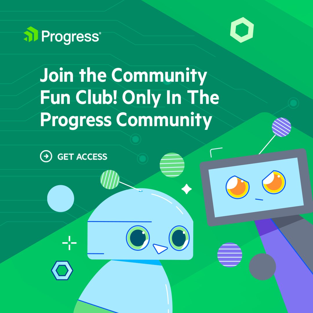 ProgressSW's tweet photo. Play games, win contests, earn badges and points, and create relationships with fellow users. Only in the Community Fun Club. Join the Progress Community and check it out. π
#ProgressUC
https://t.co/MdQfdzvkOC https://t.co/Gw9F9Z8EKn
