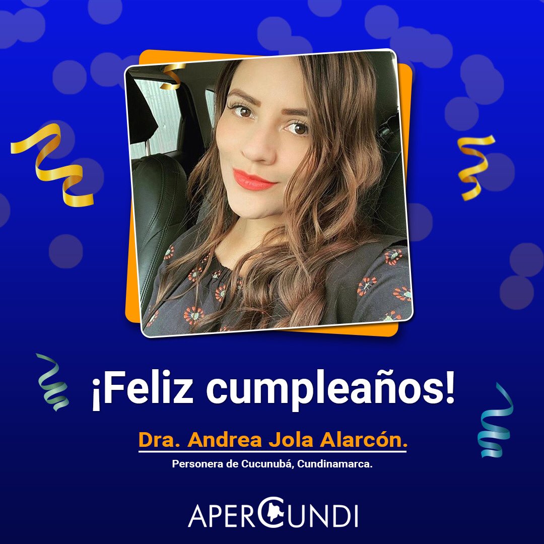 APERCUNDIN's tweet photo. 🎂🎉👏🏻🎁🎊🎈Hoy de manera muy especial, enviamos un saludo de felicitación en su cumpleaños a la Dra. Andrea Jola Alarcón, personera de Cucunubá, Cundinamarca, deseándole lo mejor en su día.

Destacamos su labor, compromiso y dedicación como agente del Ministerio Público. https://t.co/SC8oohsuPu