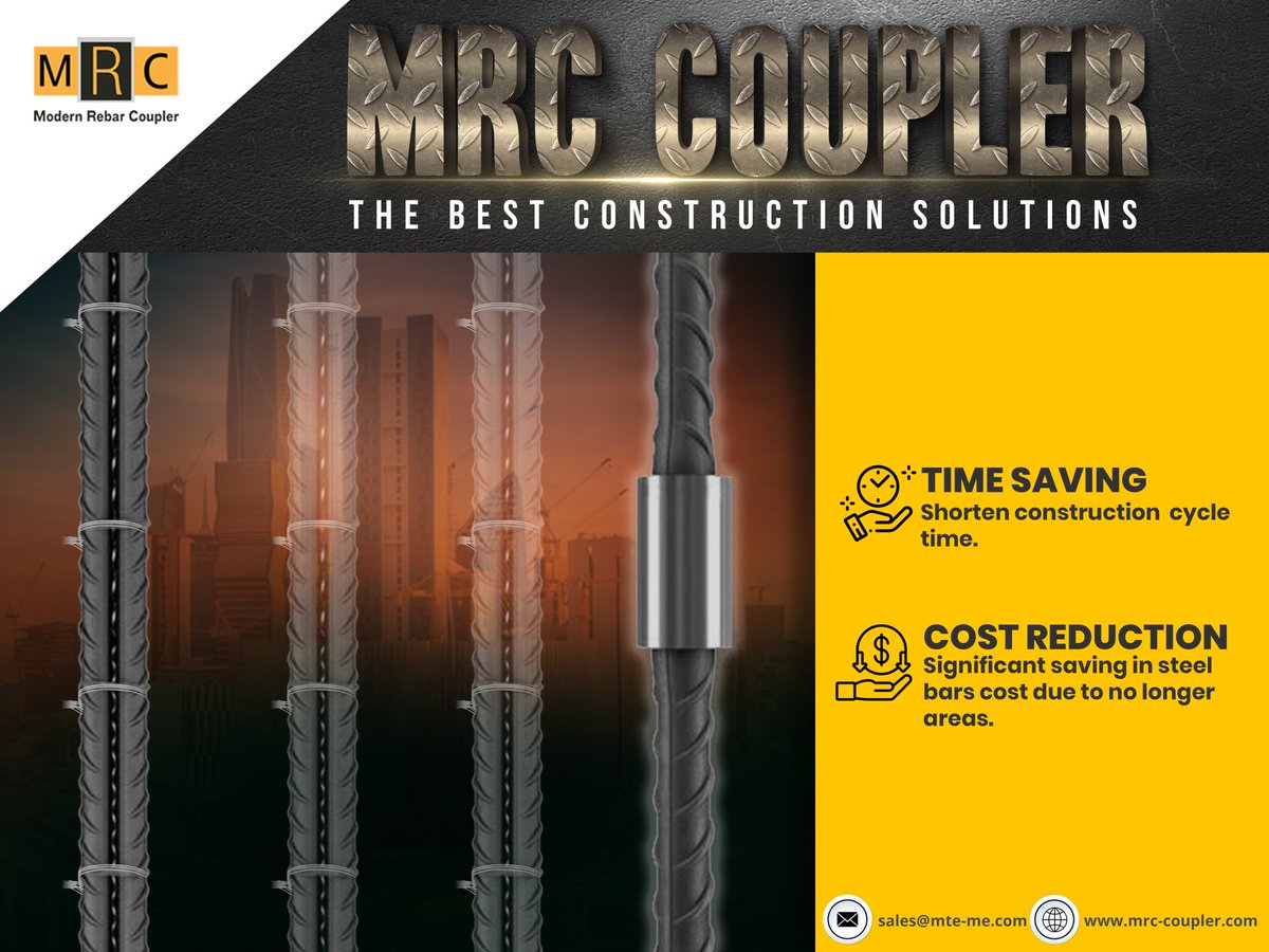 MRCCoupler's tweet image. Modern Rebar Couplers are devices used to join lengths of rebar together, allowing to create a high-performance splice quickly and safely on the construction site. Usually, the rebar ends need to be prepared to connect two bars.

#MRCCoupler #Riyadh #Jeddah