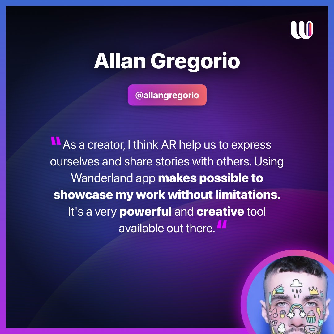 Welcome to <a href="/allangregorioph/">Allan Gregorio</a> in Wanderland🤩

Allan Gregorio is an AR creator
His filters have been used +20 Billion times!

He’s now in the #AR #Metaverse to tell stories in the real world &amp; empower those who want to tell their own with his creations
🔥D-4 <a href="/VivaTech/">VivaTech</a> x #Wanderland
