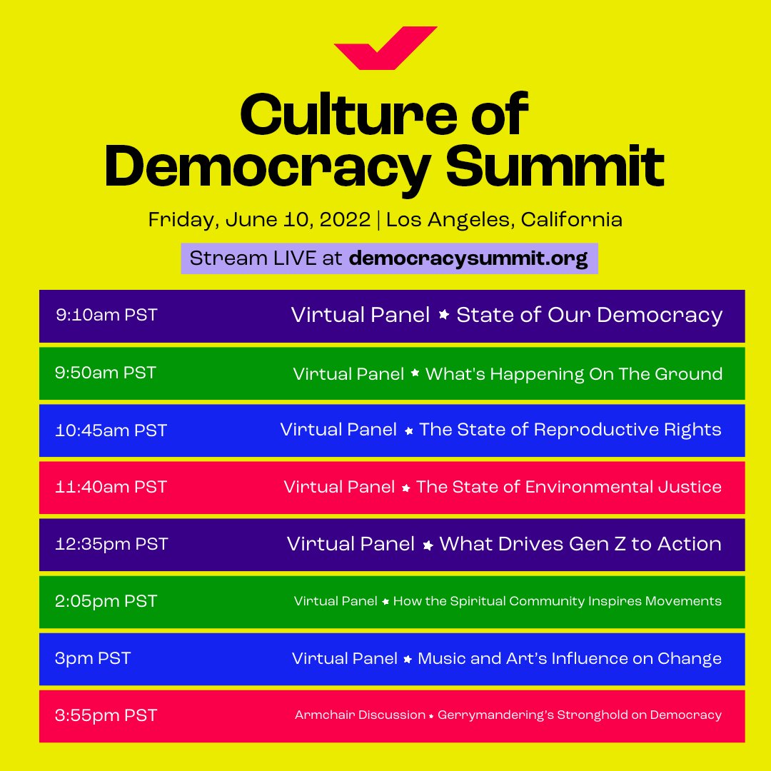 When We All Vote (@WhenWeAllVote) on Twitter photo 2022-06-10 15:11:03 Today's the day! Stream the #CultureOfDemocracy Summit LIVE today — Friday, June 10 — at democracysummit.org beginning at 9am PST/12pm EST. Today's the day! Stream the #CultureOfDemocracy Summit LIVE today — Friday, June 10 — at democracysummit.org beginning at 9am PST/12pm EST.