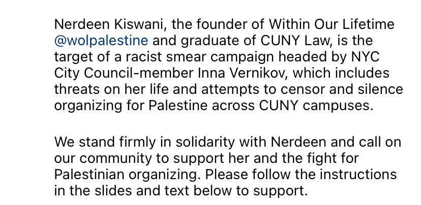 MalahRama's tweet photo. @NerdeenKiswani is being targeted by another racist smear campaign, headed by NYC City Council-member @InnaVernikov . It includes threats in her life and attempts to censor and silence Palestinian organization in CUNY campuses. 

#FreePalestine 
#CUNY https://t.co/u6kfflvNM3