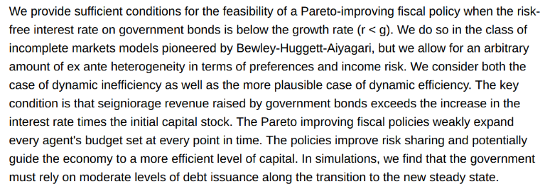 cdf_InnovLab's tweet image. 🌠 Article 2, Day 2: what happens to fiscal policy when r&amp;lt;g ?  We will have the honor to discuss "Micro Risks and Pareto Improving Policies With Low Interest Rates", presented by its authors, Marc AGUIAR, Manuel AMADOR and @cristinarellano! #FarhiConf #EconTwitter