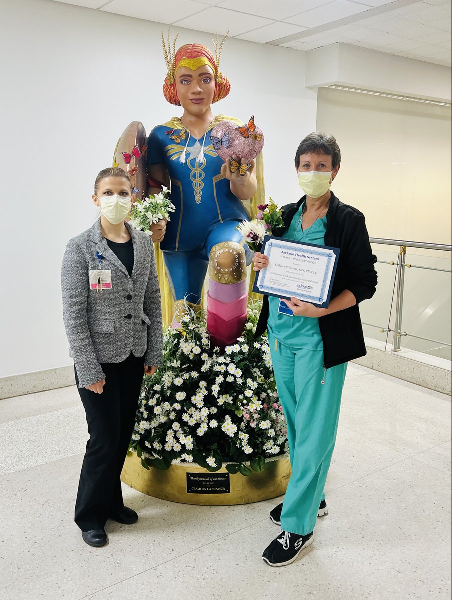 JacksonHealth's tweet photo. Kathleen states that it was a natural choice as the statue was created to honor nurses acting as superheroes at the peak of the pandemic.

The 13-foot ‘superhero nurse’ sculpture, was created by Wynwood muralist @CLB_star, as part of her mission to honor healthcare workers. https://t.co/Bw2KKbfI2F