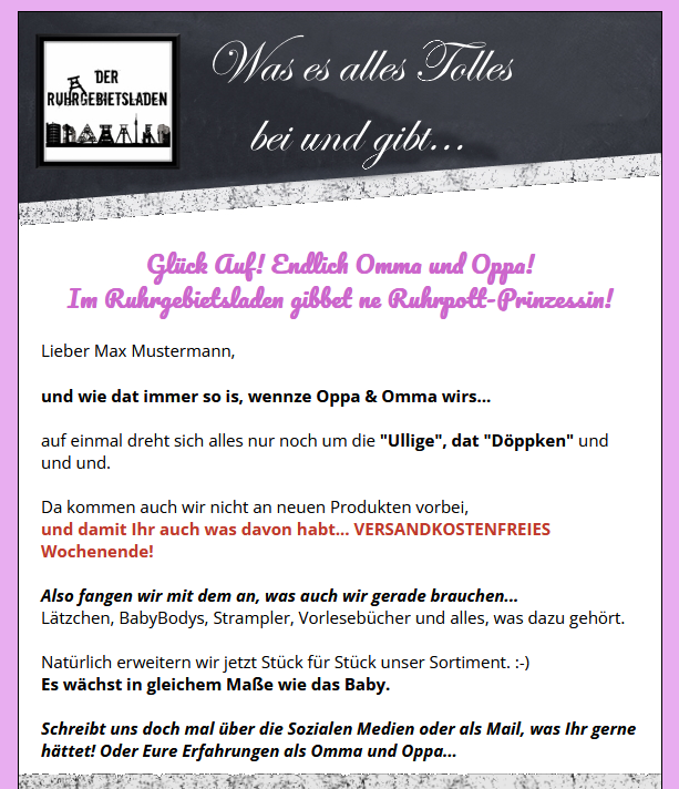 Glück Auf: wir haben lange gewartet.
Und jetzt wo ich schon (fast) ein Alter Sack bin...
Die Ullige ist da, und auch noch so süß!
"Die Tolle und der Olle" werden se uns bald nennen!
nl.ruhrgebietsladen.de/mailing/130/54…
#Ruhrgebiet #Pottblach #RuhrgebietsPrinzessin