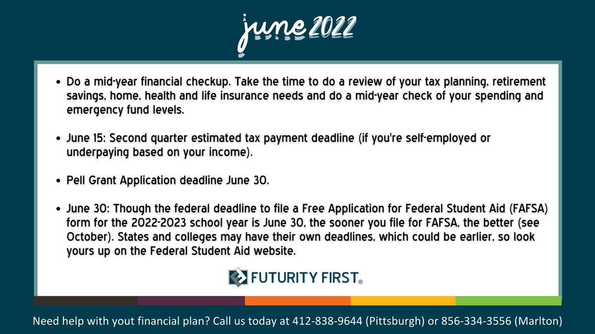 FuturityFirstNJ's tweet photo. ๐๏ธ Your Calendar for June 2022โPlanning for the future can be a stressful process. To add a little sanity to your life, we created a #Calendar with all the important financial dates for June 2022. #GoFFIG #life #insurance #goals #June #June2022 #futurityfirst https://t.co/yUTnJYxEdL