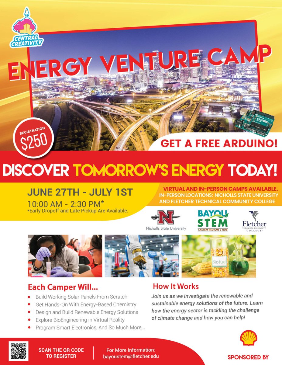 FletcherCollege's tweet photo. From June 27 - July 1, @BayouStem will be hosting the Energy Venture Camp sponsored by @Shell from 10am - 2:30pm on the Schriever Campus. 

This is a week-long camp for 7th-12th graders.

Registration:
https://t.co/4rd9uUTNsy 

Scholarships available:
https://t.co/ASDRKWCctq https://t.co/tjHh2N5uRf