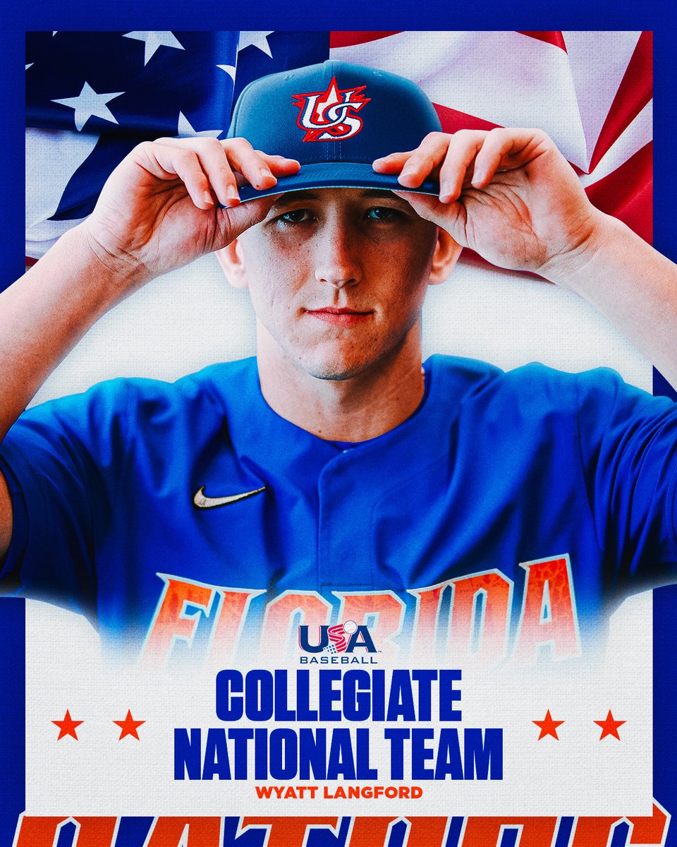 GatorsBB's tweet photo. 🇺🇸 𝗪𝗲𝗹𝗰𝗼𝗺𝗲 𝘁𝗼 𝗧𝗲𝗮𝗺 𝗨𝗦𝗔 🇺🇸

@langford_wyatt has accepted an invitation to the @USABaseballCNT Training Camp! 

#GoGators // https://t.co/UJ32RKQIxy https://t.co/7KACpZP11m