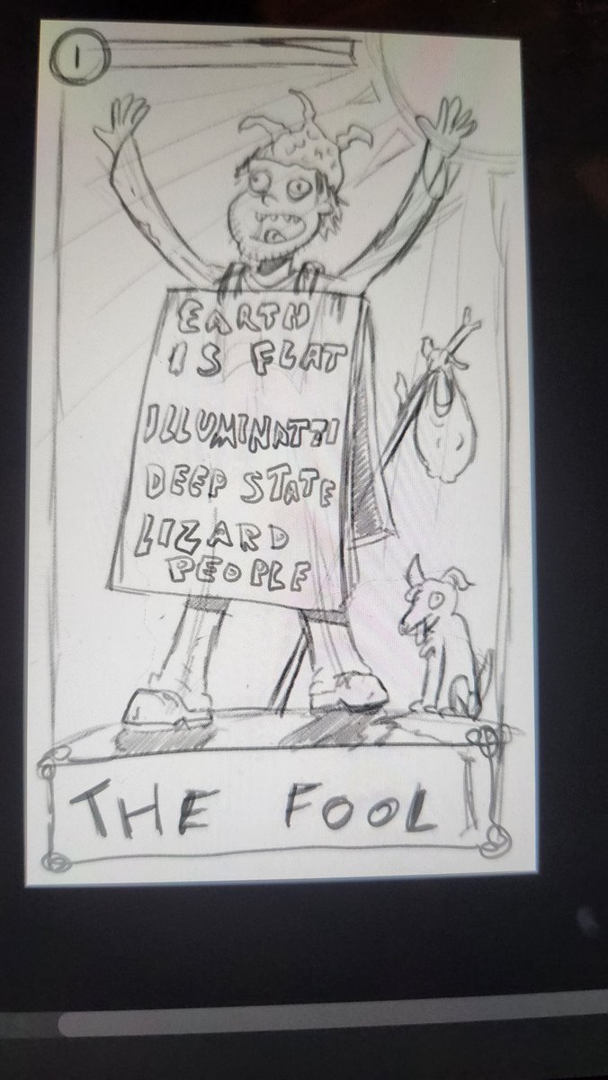 TrueEvilNick's tweet image. Okay folx, I have struggled with my creativity and drawing lately. I'm attempting to draw a whole #tarot deck.  So far, I have sketched my concept of #TheFool 

He's #batshit crazy