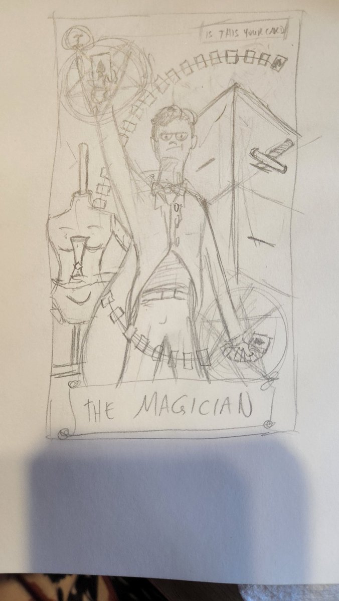 TrueEvilNick's tweet image. Part 2 of my attempt to create a #Tarotcards deck, using my comic style. Thinking of digital watercolor for the final cards.  Here is #themagician 

"IS THIS YOUR CARD"