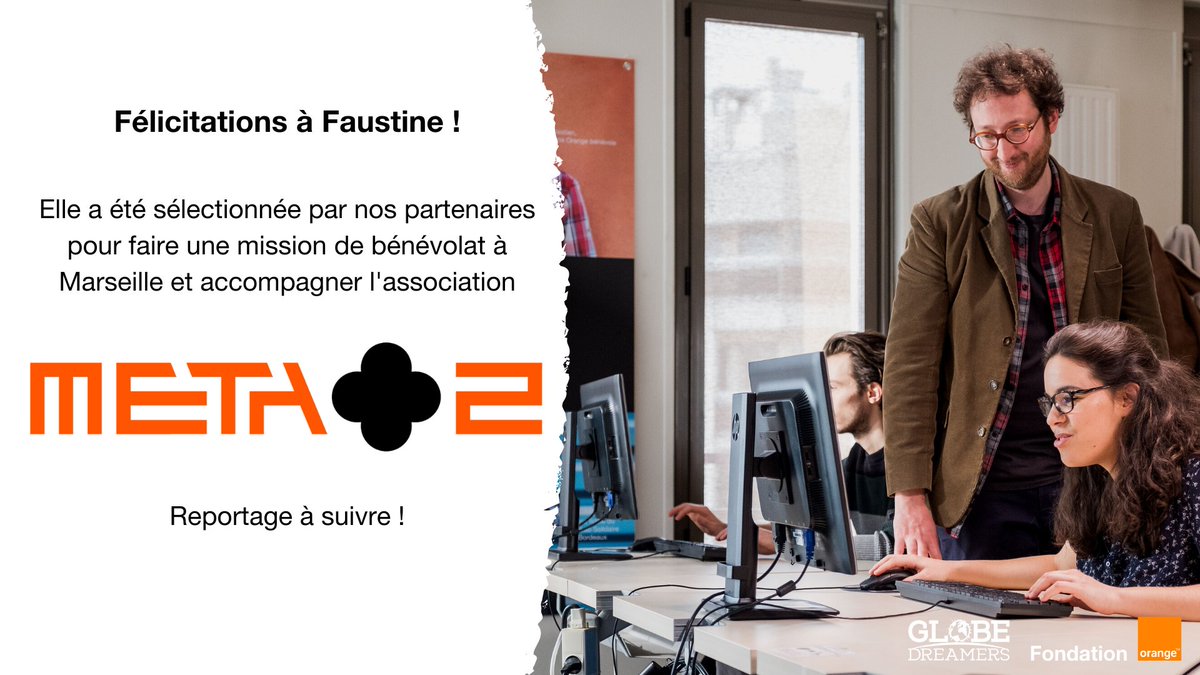 Félicitations à Faustine pour sa superbe candidature à notre deuxième mission de bénévolat à Marseille! Son profil a été sélectionné par 🟧 la @FondationOrange 🟧 pour accompagner l'association @AtelierMeta2 et ainsi favoriser l'inclusion numérique.