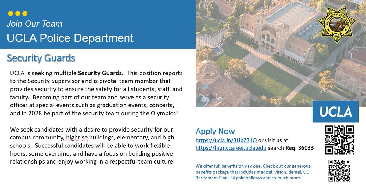 MichaelVYates's tweet photo. Multiple Openings!

UCLA has an amazing opportunity to join the UCLA Police Department as a Security Guard. This position will have a direct impact on the safety and security of the UCLA community!

Apply Here: https://t.co/l8ZiKWe1vt

UCLA offers full benefits on day one! https://t.co/GENpPHsyQN