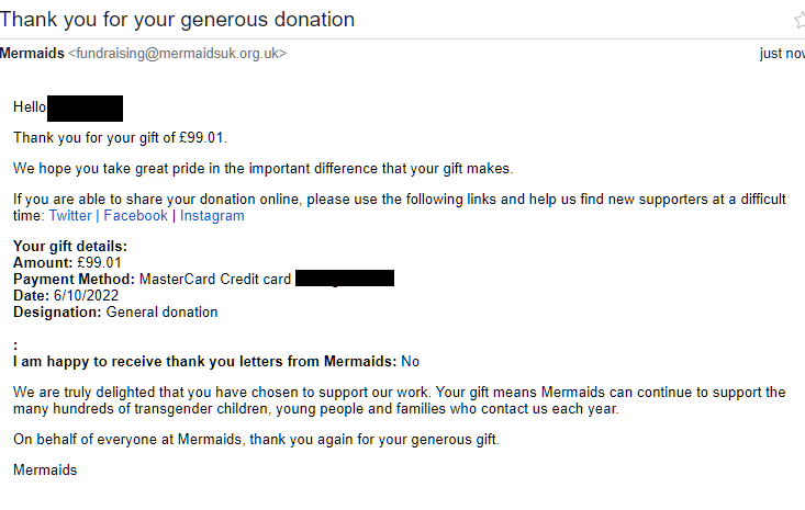 transscloset's tweet photo. As promised in the document - proof that the remaining donated funds were given to @Mermaids_Gender ! https://t.co/JI3AgGQIrU