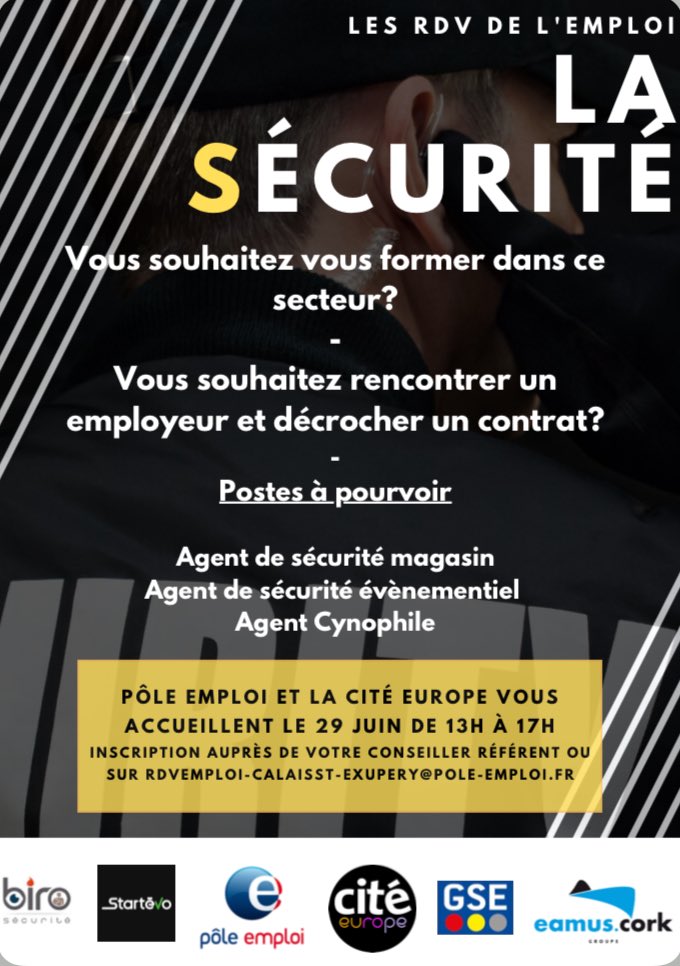 ⁦@poleemploi_HDF⁩ #CalaisExupéry &amp; ⁦⁦<a href="/CarmilaFrance/">Carmila</a>⁩ vous informent 📣que les rendez-vous de l’Emploi sont de retour à la #CitéEurope dans le domaine : Sécurité. Nous aurons la présence d’entreprises👇⁦@FredericDanel⁩ ⁦<a href="/Nordlitt/">Nord Littoral</a>⁩ ⁦⁦@VDNCalais⁩