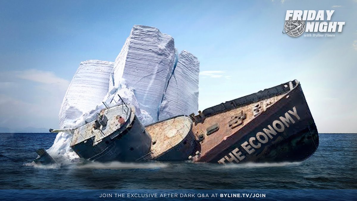 BylineTV's tweet photo. Boris Johnson's government hits the iceberg of reality. 

It's Friday Night with Byline Times 
Hosts @Hardeep_Matharu &amp; @peterjukes 
Guests @AmyNicks_ &amp; @RichardJMurphy 

8PM LIVE https://t.co/2WxtuPGVRn https://t.co/9bdpJT550w
