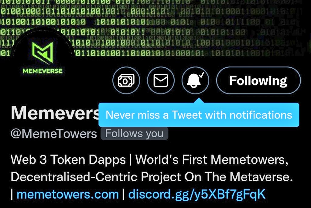 MemeTowers's tweet image. June Prizes 1 #BNB join our #Giveaway very simple rules &amp;amp; competition just follow the rules to enter the competition:

✅ Follow &amp;amp; RT @MemeTowers
✅ Click on the notifications &amp;amp; turn on the tweets.

Screenshot to enter the competition #giveaway
#win #NFTGiveaway #BSC #ETH #NFT