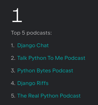 From the 2021 #Django #Developer Survey, Top 5 Podcasts: lp.jetbrains.com/django-develop… congrats @ChatDjango @carltongibson @mkennedy @brianokken @realpython @dbader_org and others! Note to self, check out @djangoriffs 😀