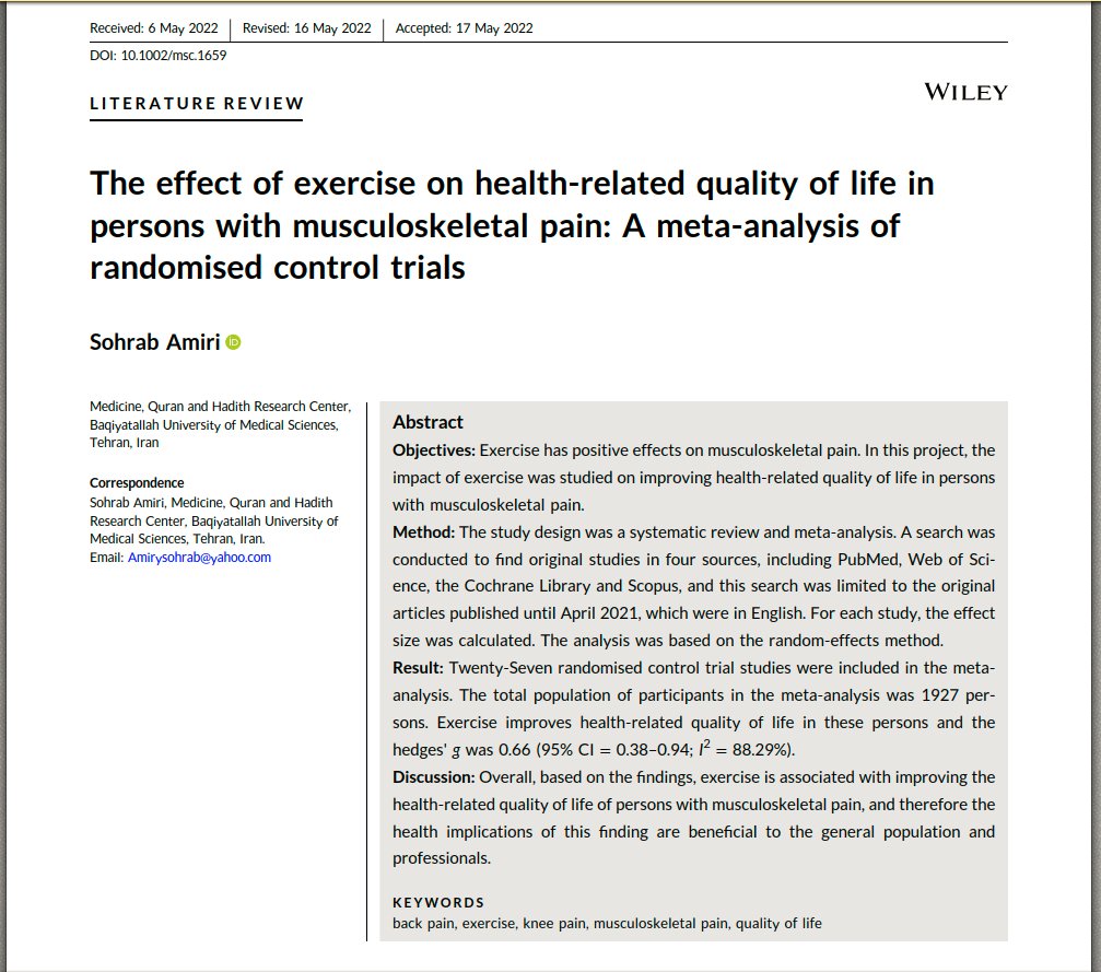 PhysioMeScience's tweet photo. The effect of exercise on health-related quality of life in persons with musculoskeletal pain: A meta-analysis of randomised control trials 

https://t.co/5deGBOg9T1 https://t.co/tAydG0tsSe